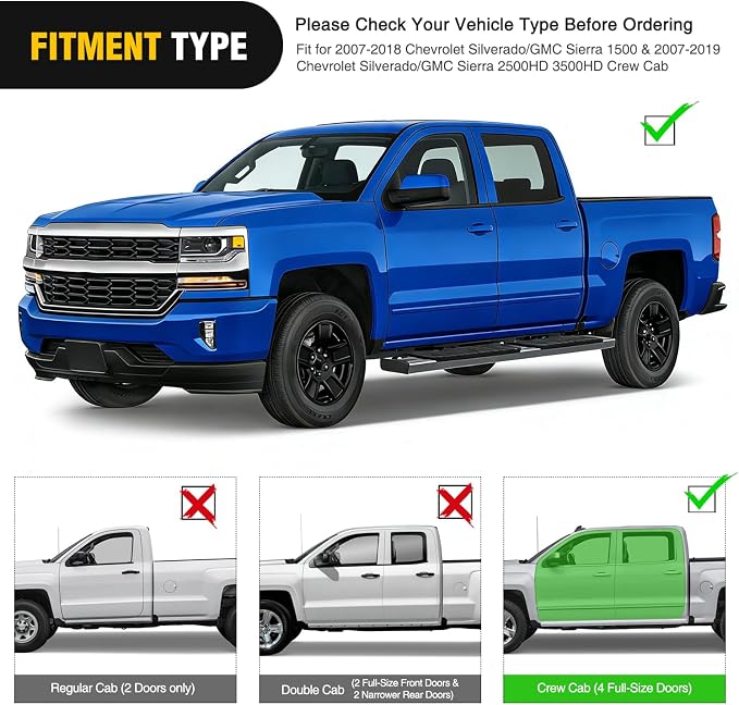 Nilight Running Boards for 2007-2018 Chevy Silverado/GMC Sierra 1500 Crew Cab 2007-2019 Chevy Silverado/GMC Sierra 2500HD 3500HD 6 Inch Slip-Proof Stainless Steel Side Step Nerf Bars