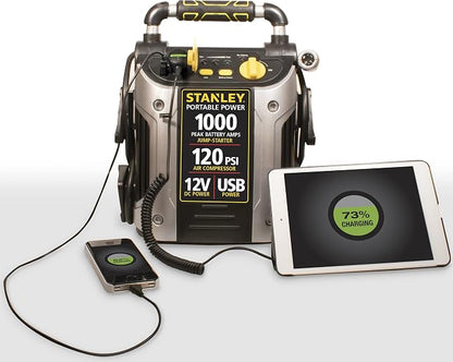STANLEY J5C09 1000 Peak Amp Automotive Jump Starter, Portable Power – 2.1A/10W USB Port, 12V Outlet, 120 PSI Air Compressor for Tires, Bikes & Sports Equipment | Portable Power, 2.1A/10W USB Port, 12V Outlet, 120 PSI Air Compressor for Tires, Bikes & S...