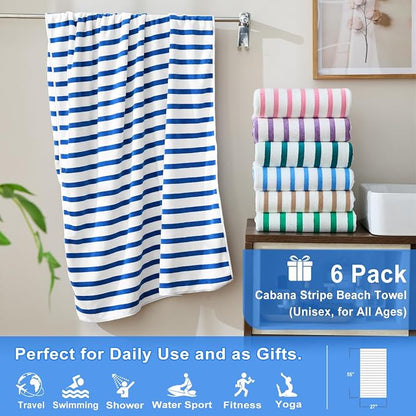 JML Microfiber Beach Towels, 6 Pack, 27" x 55", Large Bath Towel Set for Adult- Cabana Stripe - Absorbent, Quick Drying Lint-Free, No Fading for Summer Party, Pool, Sport, Yoga, Swimming, Dark Blue
