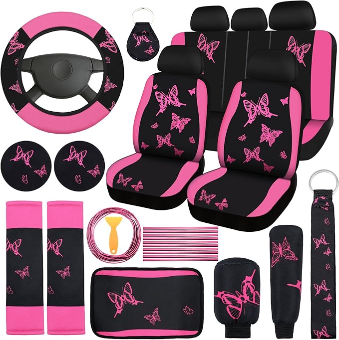 BBTO 43 Pcs Butterfly Car Seat Full Set Butterfly Car Accessories for Women 5 Front Rear Seat Covers Wrist Strap 2 Pcs Cup Mat Armrest Pad 2 Belt Xmas Cover Accessories for SUV(Pink, Black)