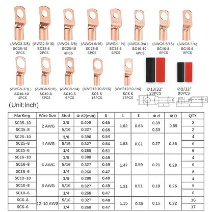 Copper Wire Lugs,Terminal Connectors,Used on AWG12 10 8 6 4 2 Cable,Heat Shrink Set,Bare Copper Eyelets,Ring Terminals Connectors,85Pcs Battery Cable Lugs Ends and 110Pcs Heat Shrink Tubing (195PCS)