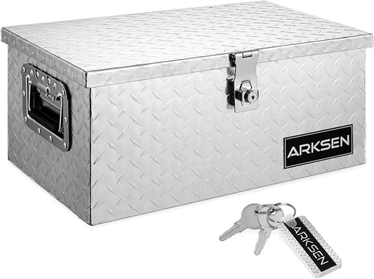 ARKSEN 20 x 12 x 10 Inch Diamond Plate Truck Bed Tool Box, Heavy Duty Waterproof Aluminum Storage Chest with Side Handle & Lock for Pickup Truck Bed, RV & Trailer, Silver