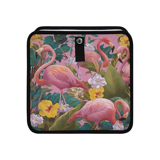 Car Trash Can Organizer Bin with Adjustable Strap for Back Front Seat Console Waterproof Leakproof Collapsible Portable 11 Inch Pink Romantic Tropical Flamingo and Plants