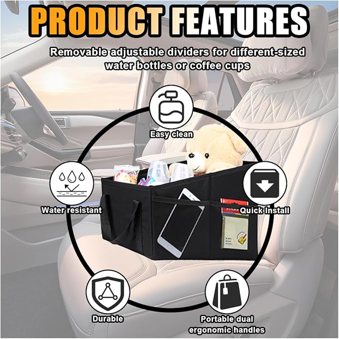 GLSOWEE Car Seat Organizer, Foldable Car Storage Organizer with 4 Cup Holders, Rear & Front Seat Storage Bags, Black
