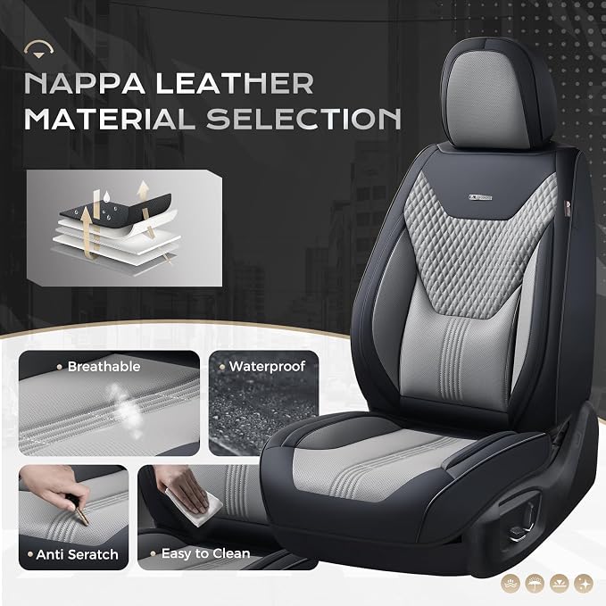 Coverado Car Seat Covers Full Set, Front Seat Covers with Lumbar Support and Back Seat Cover Waterproof Leather Automotive Seat Cover, Universal Car Interior Protectors Cushion for Most Cars