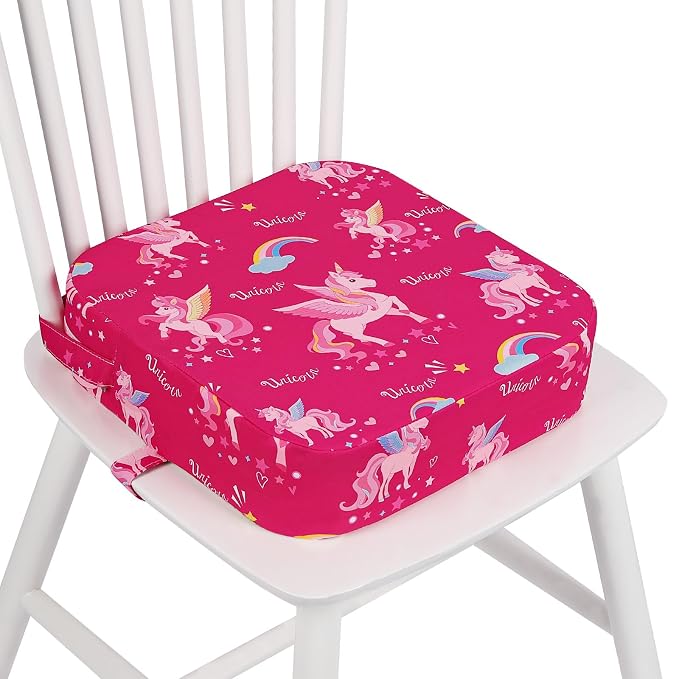 Toddler Booster Seat for Dining Table, 4" Kids Booster Seat for Kitchen Chair with Non-Slip Bottom, Portable Detachable Washable Increasing Cushion with 2 Adjustable Straps (Unicorn)