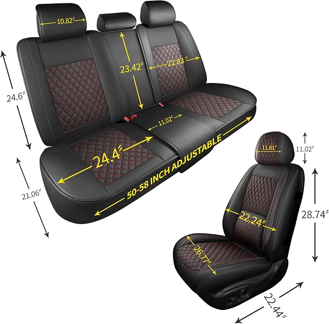 Grand Car Seat Covers Full Set,Universal Precision Fit 3D Contoured Automotive Nappa Leather Seat Covers for SUV Truck Sedan,Anti-Slip Seat Cover with Lumbar Support Style2 Black Red Line