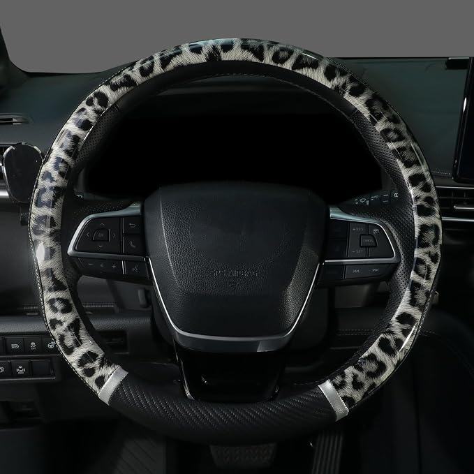 KAFEEK 16 inch Large Steering Wheel Cover, Leopard Cheetah Print with Anti-Slip Carbon Fiber Texture, Breathable Wheel Protector for Ford F150 F250 F350, Ram 1500 2500, Toyota Tacoma Tundra, Black