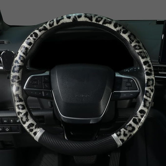 KAFEEK 16 inch Large Steering Wheel Cover, Leopard Cheetah Print with Anti-Slip Carbon Fiber Texture, Breathable Wheel Protector for Ford F150 F250 F350, Ram 1500 2500, Toyota Tacoma Tundra, Black