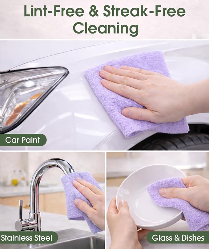 Microfiber Cleaning Cloth Roll - 100 Pack Tear Away Microfiber Paper Towels, Reusable, Washable, Scratch-Free, Kitchen Towels for Car, Home, Kitchen, Glass, Dishes (Light Purple)