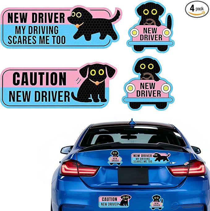 4 Pack Student Driver Magnet for Car – Cute Animal New Driver Signs High-Visibility Reflective Beginner Driver Magnets, Weatherproof & Removable Safety Warning Signs for Vehicles, “Please Be Patient”