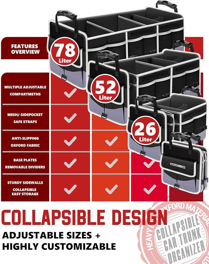 Car Trunk Organizer with Portable Leak Proof Cooler Bag, 3 Compartments Collapsible Car Organizers and Storage with Foldable Cover, Fathers Day Dad Gifts, Suitable for SUV, Auto, Truck, Minivan