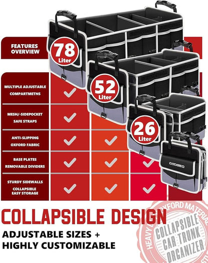 Car Trunk Organizer with Portable Leak Proof Cooler Bag, 3 Compartments Collapsible Car Organizers and Storage with Foldable Cover, Fathers Day Dad Gifts, Suitable for SUV, Auto, Truck, Minivan