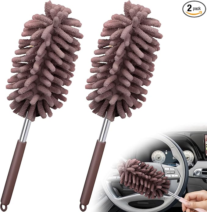 2 PCS Car Interior Duster with Extension Pole, Microfiber Car Dusters with Bendable Head, Cars Duster Exterior&Interior Scratch Free, for Cleaning of Vehicle Details, Offices, Window, Furniture(Brown)