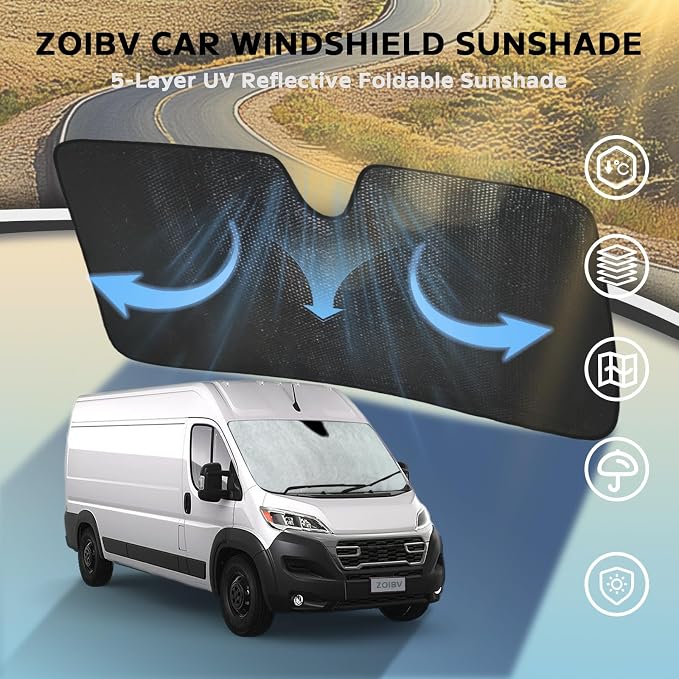 Car Windshield Sun Shade for 2014-2025 Dodge RAM ProMaster Full Size Cargo Van Chassis Cab Cutaway - 5-Layer Bubble Foldable Front Window Sunshade Sun Visor Accessories - Blocks Heat & UV Rays