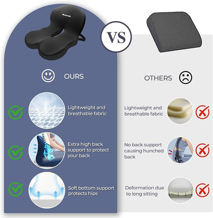 Memory Foam Seat Cushion for Sciatica & Back Pain Relief - Ergonomic Chair Pad with Adjustable Strap & Supportive Comfort Cover, Non-Slip for Car, Truck, Office Chair -Black