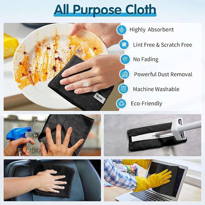 FIXSMITH Black Microfiber Cleaning Cloth -Pack of 50, Highly Absorbent Cleaning Rags, 16"X12" All Purpose Cleaning Towels for Housekeeping, Kitchen, Car, Lint Free and Reusable Microfiber Towels