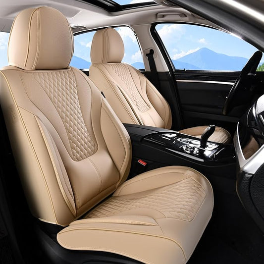 Coverado Waterproof Nappa Leather Car Seat Covers, Automotive Seat Covers，Front Car Seat Cushion & Car Seat Protector, Beige Seat Covers Universal Fit for Most Cars, SUVs, Trucks