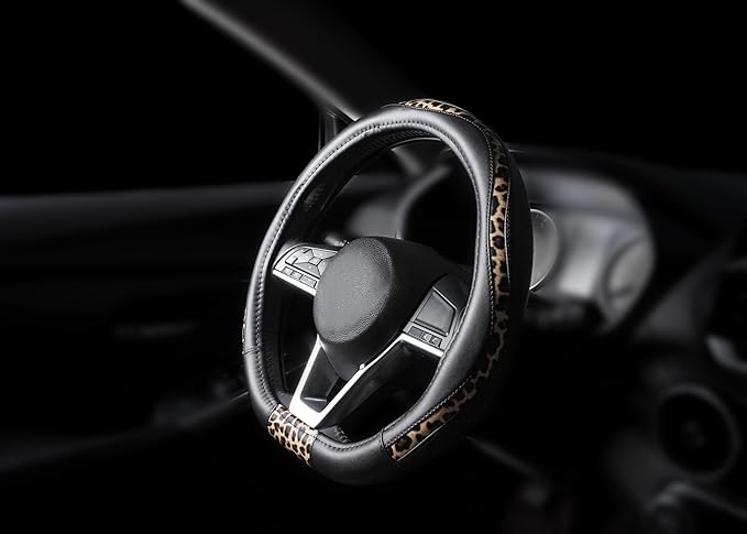 Road Comforts Steering Wheel Cover - Flat Bottom Wheel Cover Made with PVC Leather and Leopard Fabric - Universal Fit for 15-Inch D-Shaped Automotive Steering Wheels (Black Color)