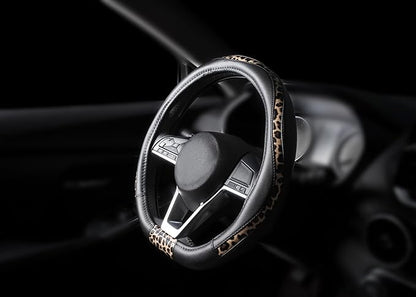 Road Comforts Steering Wheel Cover - Flat Bottom Wheel Cover Made with PVC Leather and Leopard Fabric - Universal Fit for 15-Inch D-Shaped Automotive Steering Wheels (Black Color)