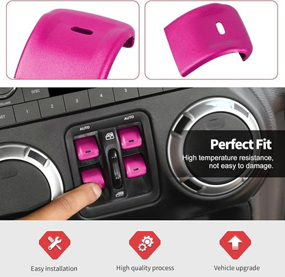Jimen for JK Window Button Covers, 4PCS Center Console Window Switch Cover Interior Trim Kits Compatible with Jeep Wrangler JK & Unlimited 2012-2018, Aluminum Alloy (Pink)