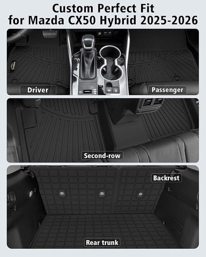 Floor Mats for Mazda CX-50 Hybrid 2025-2026 & Cargo Liners & Backrest Mat All Weather TPE Rubber Trunk Mat Back Seat Protector Full Set for CX50 2025 Plug-in Hybrid Accessories, Black