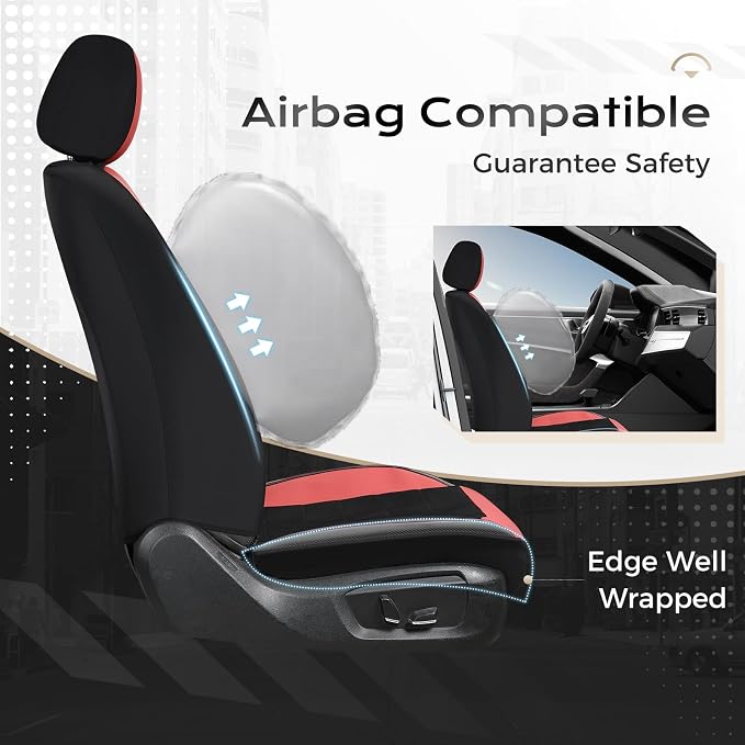 Coverado Seat Cover, Car Seat Cover Front Seats, 3D Air Mesh Breathable Seat Protectors Sports Carbon Fiber Design Airbag Compatible Comfort Universal for Most Cars, Van,Trucks, SUV, Black&Wine