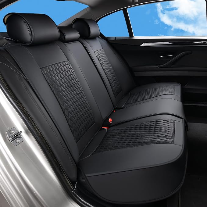 Huidasource Back Seat Covers, Luxury Nappa Leather Rear Seat Cover with Velcro Adjustable, Child Seats, Ventilation Holes, Seat Belts, Car Back Seat Cover Universal Fit for Most Cars SUV Trucks, Black