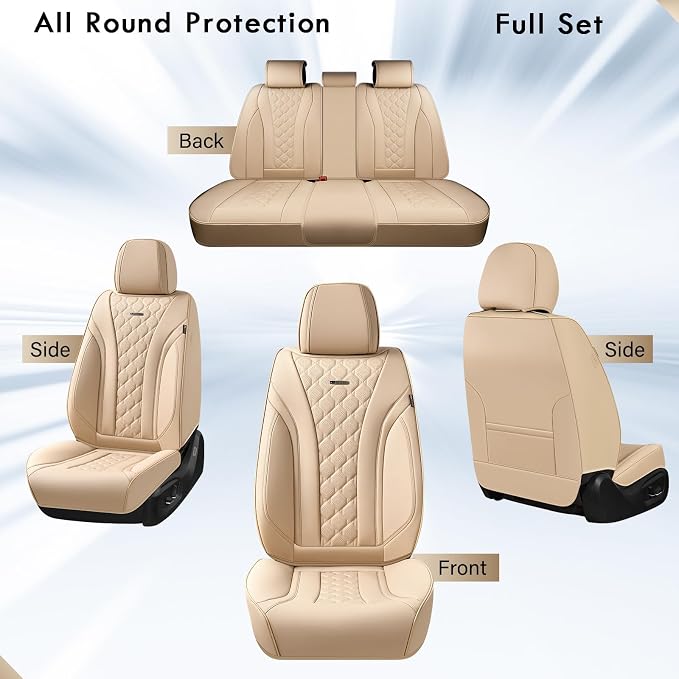 Coverado Car Seat Covers, Leather Seat Covers Full Set, Beige Seat Covers, Perforated Diamond Leather Car Seat Cover, Breathable Car Seat Cushion, Waterproof Car Seat Protector Fit for Most Cars