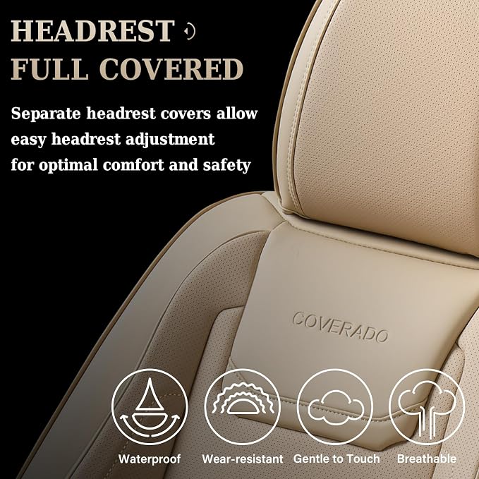 Coverado Car Seat Covers, Front Covers for Cars, Car Seat Cover Front Seats, Car Seat Protector Waterproof, Leather Car Seat Cushion, Universal Interior Covers Seat Protectors for Most Cars Beige