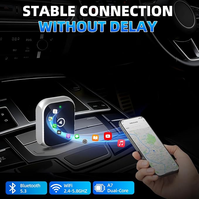 Wireless CarPlay Adapter for iPhone, 5.8GHz WiFi Bluetooth 5.3 Fast Auto Connect Dongle, USB A/C Dual Port Mini Metal Shell, Plug & Play Compatible with Factory Wired CarPlay Cars