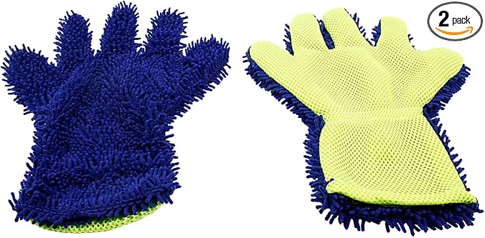 BokWin 2-Pack Car Wash Mitt Scratch Free, 5-Finger Microfiber Wash Mitts, Car Interior Exterior Cleaning Gloves, Auto Chenille Washing Sponge Kits for Cleaning Wheel Tight Spot(Blue)