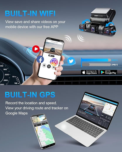PRUVEEO 360° 4 Channel Dash Cam Front and Rear Inside Left Right, Dash Camera for Cars, Built-in GPS WiFi Night Vision, 24/7 Recording Parking Mode Monitor, 128G Card Included