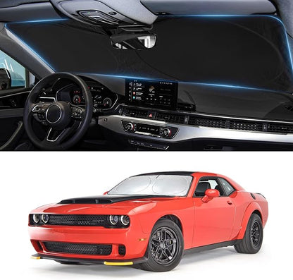 Sun Shade for Challenger Windshield Sunshade for 2015-2023 Dodge Challenger Accessories Coupe,SRT Hellcat,Redeye,GT,RT,TA Coupe,Widebody,SXT,RT Scat Pack Front Window Cover Shield Visor Protector