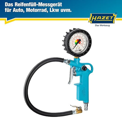 HAZET Tire Pressure Gauge 9041-1 I Pressure Gauge Measuring Range: 0-174 Psi, Hose Length: 15.75 Inches, Pressure Gauge Diameter: 2.48 Inches I Tire Pressure Gauge for Cars