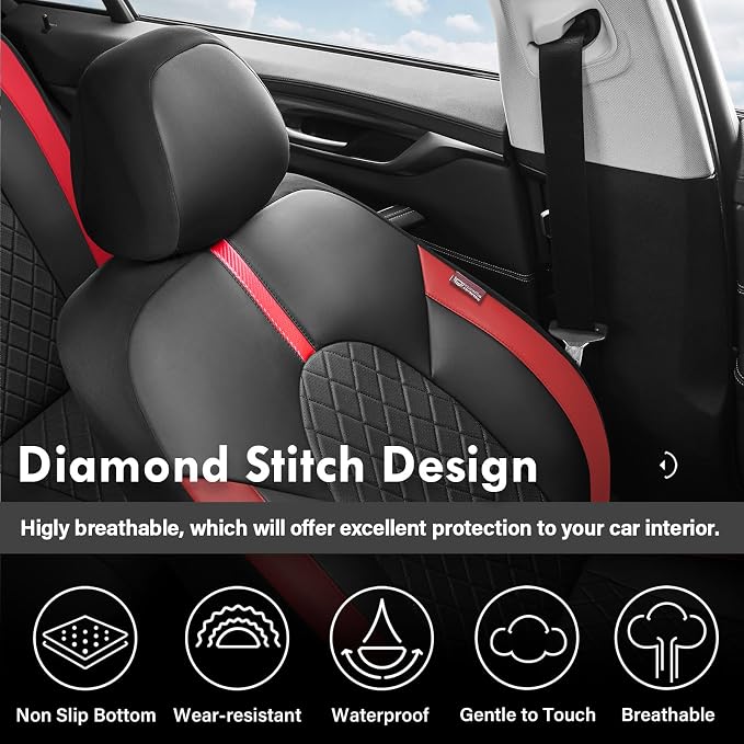 Coverado Red Car Seat Covers Full Set, Waterproof Front Seats Back Seat Cover, Leather Car Seat Cushion Universal Fit for Most Cars