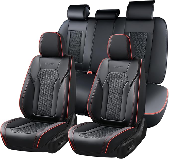 FLORICH Seat Covers, Car Seat Covers Full Set, Luxury Nappa Leather Seat Covers, Breathable and Waterproof Car Seat Protector 5 Seat, Automotive Seat Covers Universal Fit for Most Cars-BlackRedline