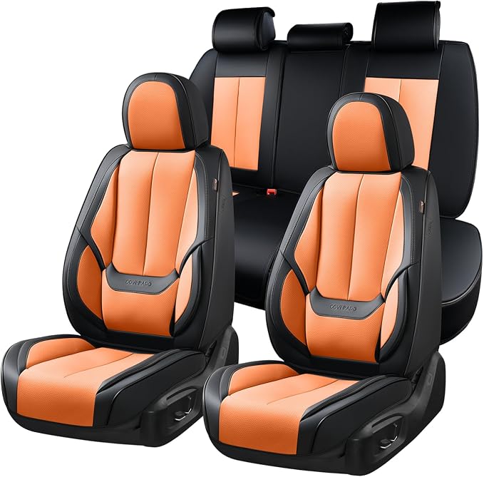 Coverado Seat Covers, Car Seat Covers Full Set, Leather Seat Covers for Cars, Car Seat Protector, Black Car Seat Covers Front Seats and Back Seats Universal Fit for Most Cars Orange