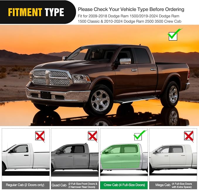 Nilight Running Boards for Dodge Ram 2009-2018 1500 Crew Cab 2019-2024 1500 Classic 2010-2024 2500 3500 6 Inch Slip-Proof Stainless Steel Side Step Nerf Bars
