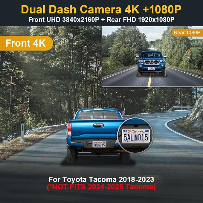 Fitcamx Front 4K and Rear 1080P Dash Cam Adapts for Toyota Tacoma 2018 2019 2020 2021 2022 2023 Limited TRD Sport Off-Road Pro SR5 SR (N300), OEM Style, Dual Loop Recording WiFi, G-Sensor, 128GB Card