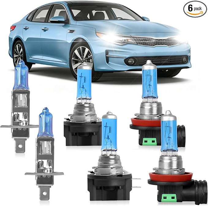 Fit for Kia Optima Standard 2011 2012 2013 High Performance Halogen Headlight Bulbs,H1 High Beam + H11B Low Beam + H11 Fog Light Replacement Bulb Kit,Pack of 6