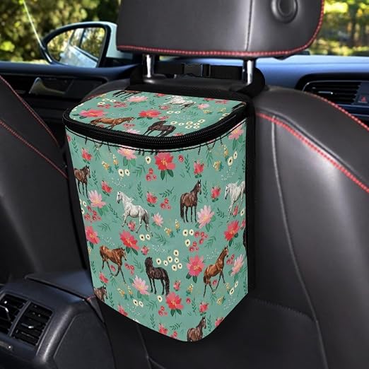 Talayituse Horse Flower Print Car Trash Can with Lid, Leak Proof Auto Trash Bag Hanging Vehicle Garbage Can Multipurpose Storage Container for Back Seat Road Trip