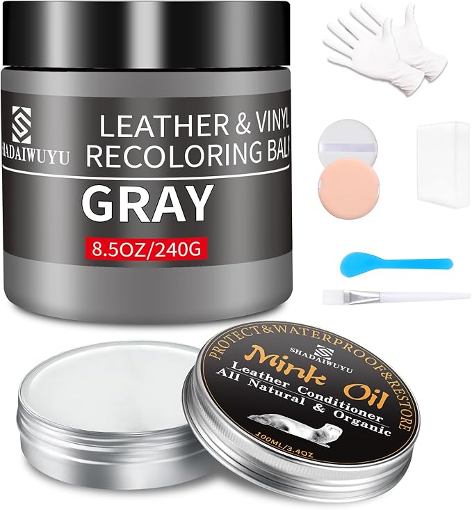 SHADAIWUYU 8.5oz Leather Recoloring Balm with 100ml Mink Oil,Gray Leather Repair kit for Furniture and Car Interior,Leather Couch Scratch Repair,Leather Dye Paint,Mink Oil for Leather