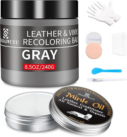 SHADAIWUYU 8.5oz Leather Recoloring Balm with 100ml Mink Oil,Gray Leather Repair kit for Furniture and Car Interior,Leather Couch Scratch Repair,Leather Dye Paint,Mink Oil for Leather