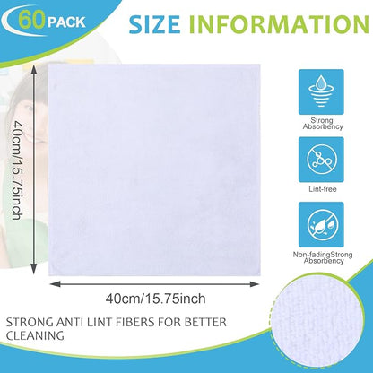 Nuenen Microfiber Cleaning Cloths for Cars 16 x 16 Inch Ultra Absorbent Car Towels Drying Reusable Cleaning Supplies House Kitchen Window Microfiber Towel(White,60 Pcs)