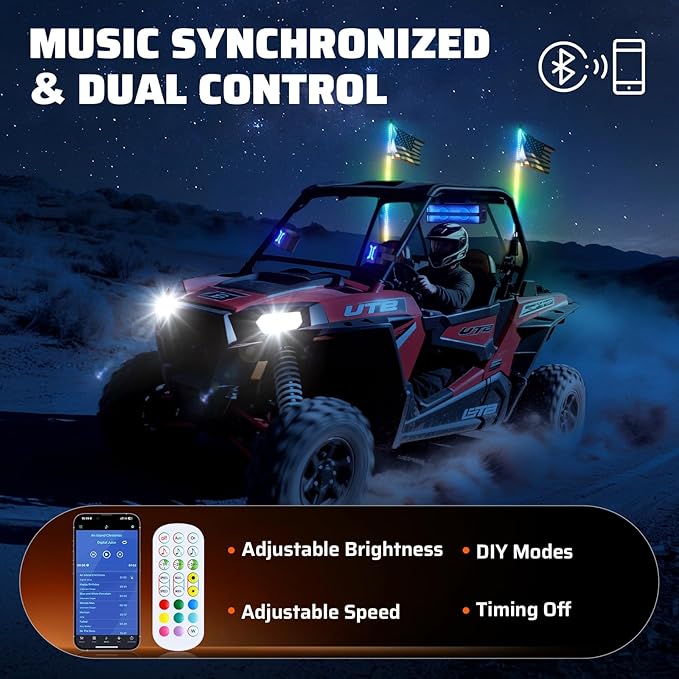 Ehaho 2 PCS 2FT Whip Lights with Spring Base, APP & Remote Control Led Whip Lights for Side by Side, Spiral RGB Chasing Lighted Whips with Rocker Switch, Music Led Whips for UTV ATV RZR SXS Can-Am