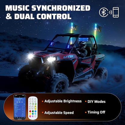 Ehaho 2 PCS 2FT Whip Lights with Spring Base, APP & Remote Control Led Whip Lights for Side by Side, Spiral RGB Chasing Lighted Whips with Rocker Switch, Music Led Whips for UTV ATV RZR SXS Can-Am