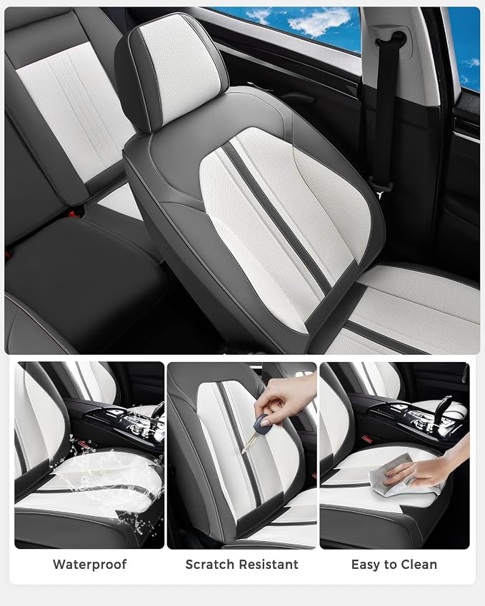 Huidasource Automotive Seat Covers, Luxury Faux Leather Seat Covers Leather, Velcro Adjustable, with Airbags, Child Seat, Cooling＆Heating, Universal Fit for Most Cars, Vans, Trucks, SUVs, Gray＆White
