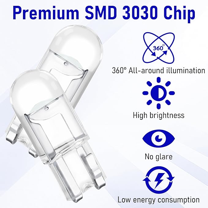 ecocstm 30 PCS Car 194 LED Bulbs, 168 2825 W5W T10 Wedge COB LED Replacement Bulb, Error Free Interior Bulb for Dashboard Light, Dome Lights (Blue)