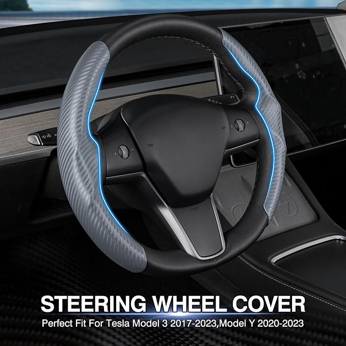 Canvcle Steering Wheel Cover for Tesla Model 3/Y 2016-2025 2026 Highland/Juniper Accessories Carbon Fiber Steering Wheel Cover Protector Non-Slip, Comfortable, Breathable, Model 3/Y Accessories, Gray